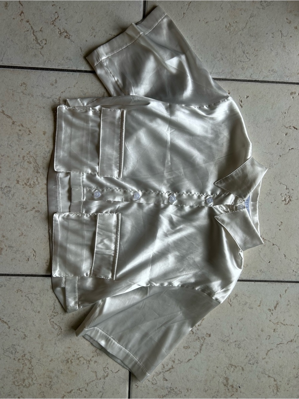 Sweet Rain Satin Short-Sleeve Button-Down Shirt in Ivory